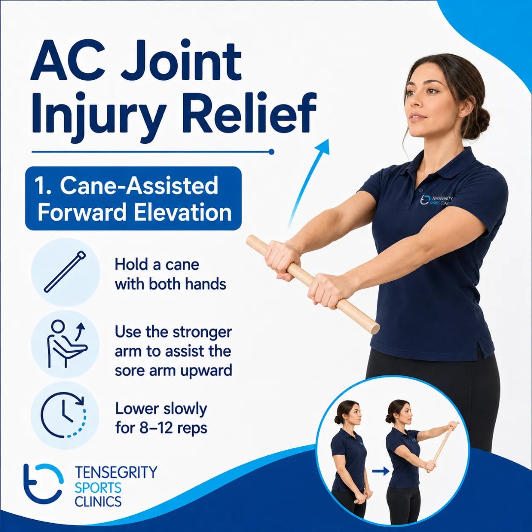 Cane-assisted forward elevation for an AC joint injury, holding a cane in both hands and using the stronger arm to guide the sore arm upward