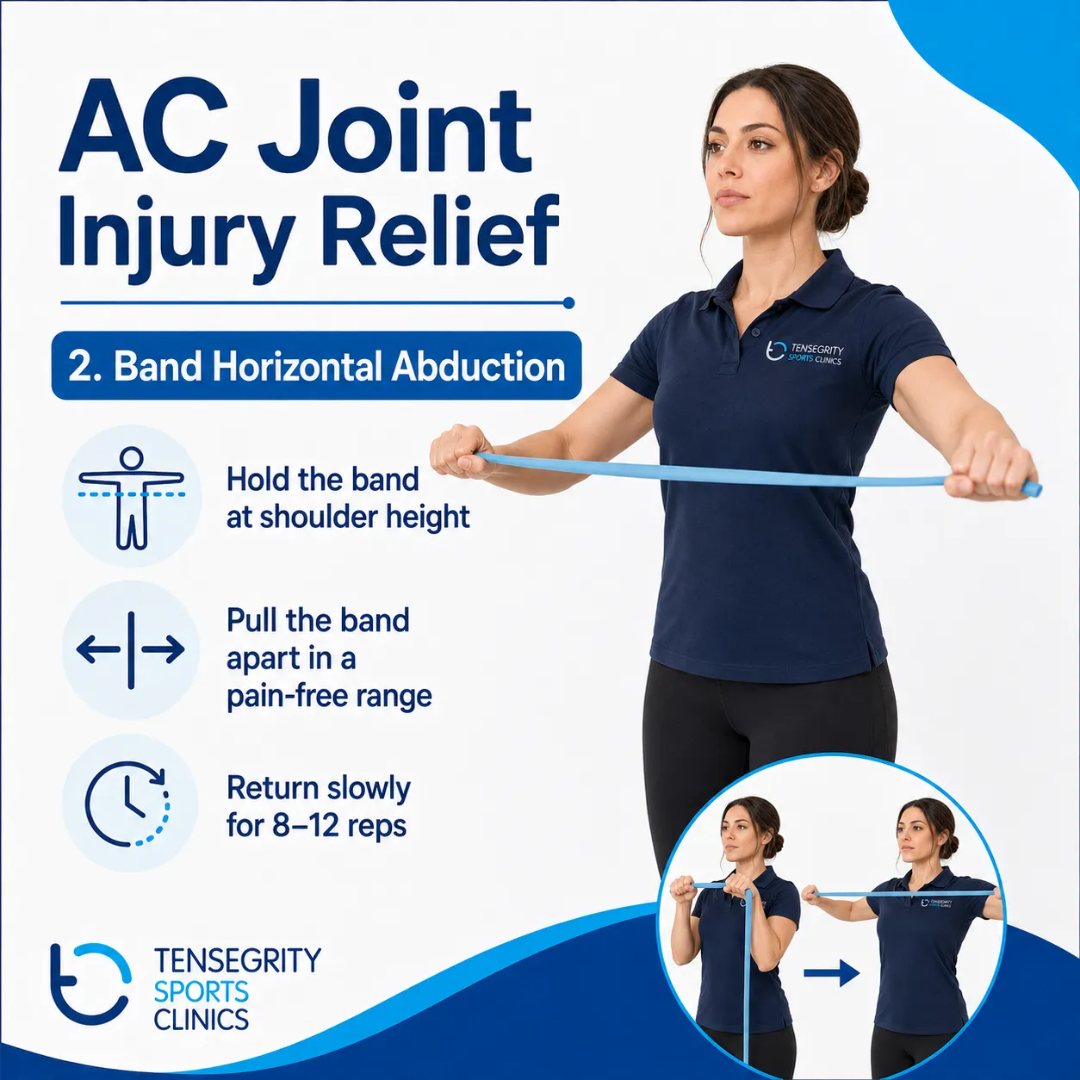 Band horizontal abduction for an AC joint injury, holding a resistance band at shoulder height and pulling it apart