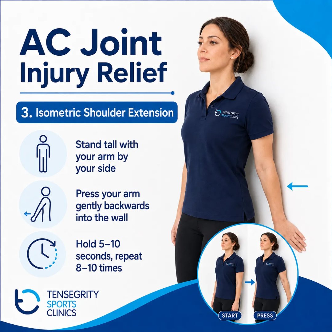 Isometric shoulder extension for an AC joint injury, standing tall with the arm by the side pressing backwards into a wall