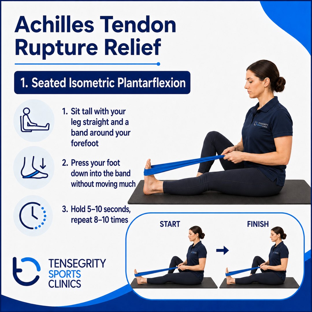 Seated isometric plantarflexion, exercise 1 for an Achilles tendon rupture