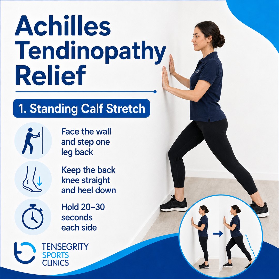 Standing calf stretch, exercise 1 for Achilles tendinopathy