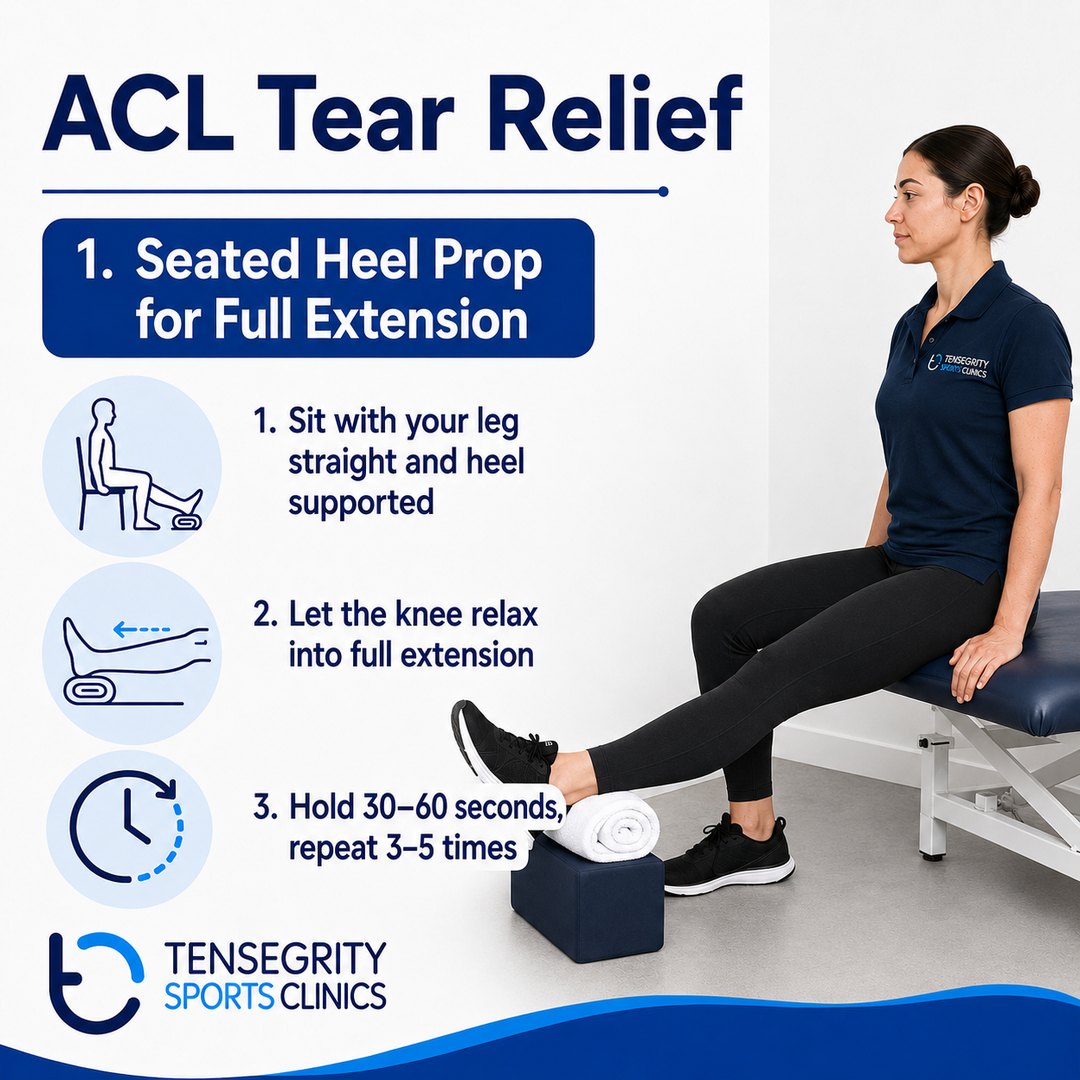 Seated heel prop for full knee extension after an ACL tear, sitting with the leg straight and the heel supported so the knee relaxes into extension