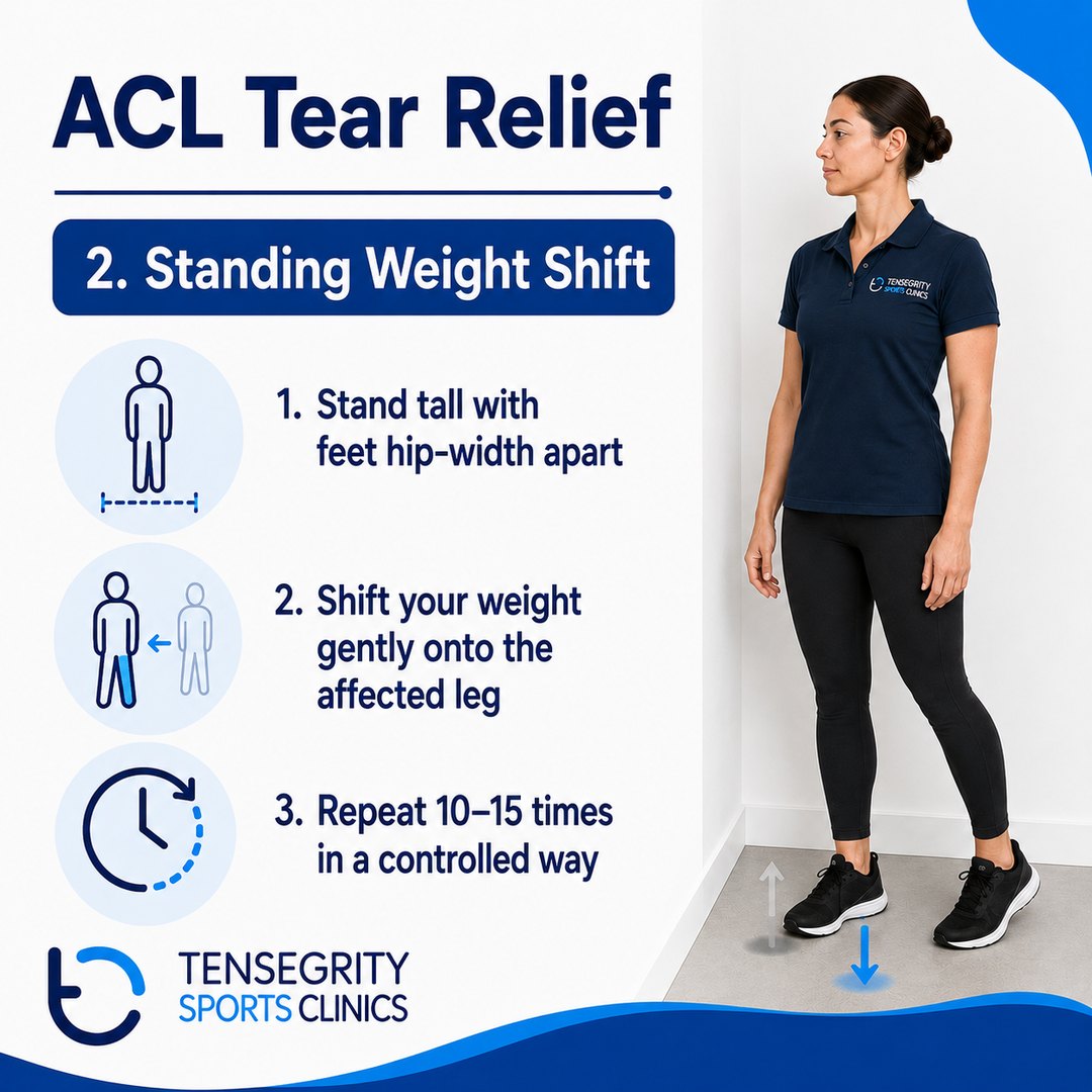 Standing weight shift after an ACL tear, standing tall with feet hip-width apart shifting weight gently onto the affected leg