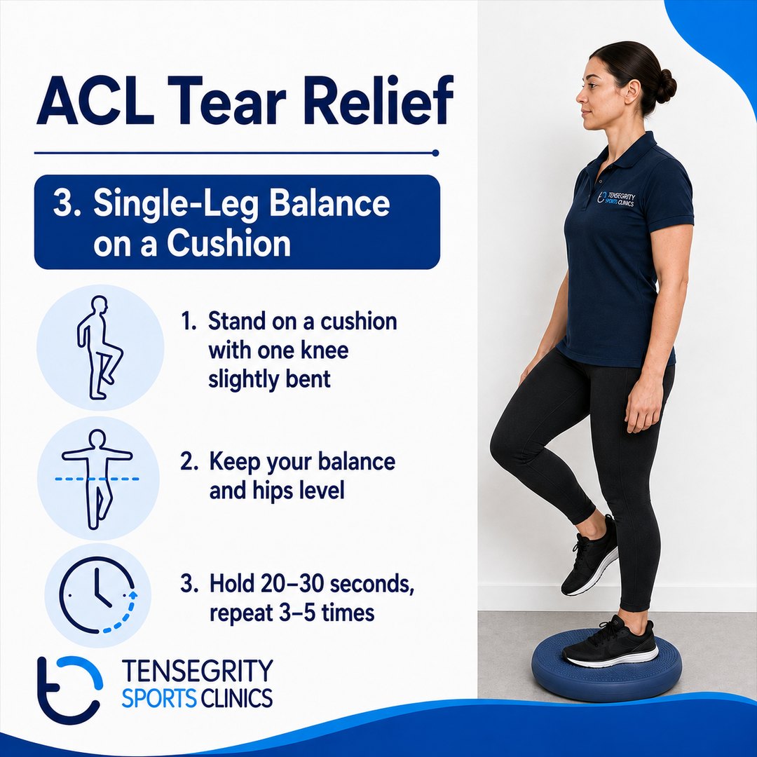 Single-leg balance on a cushion after an ACL tear, standing on a cushion with one knee slightly bent keeping the hips level