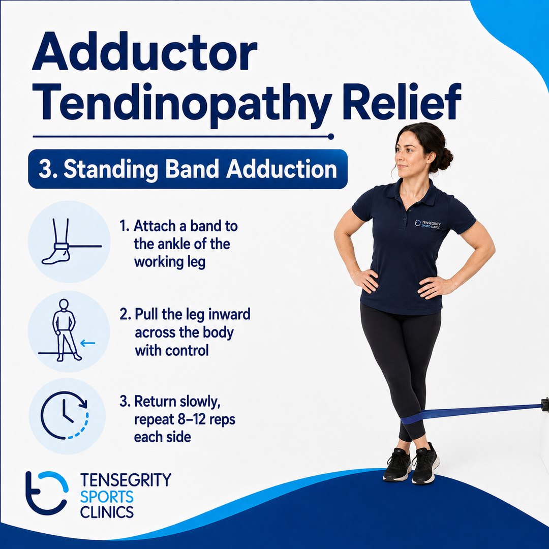 Standing band adduction, exercise 3 for adductor tendinopathy