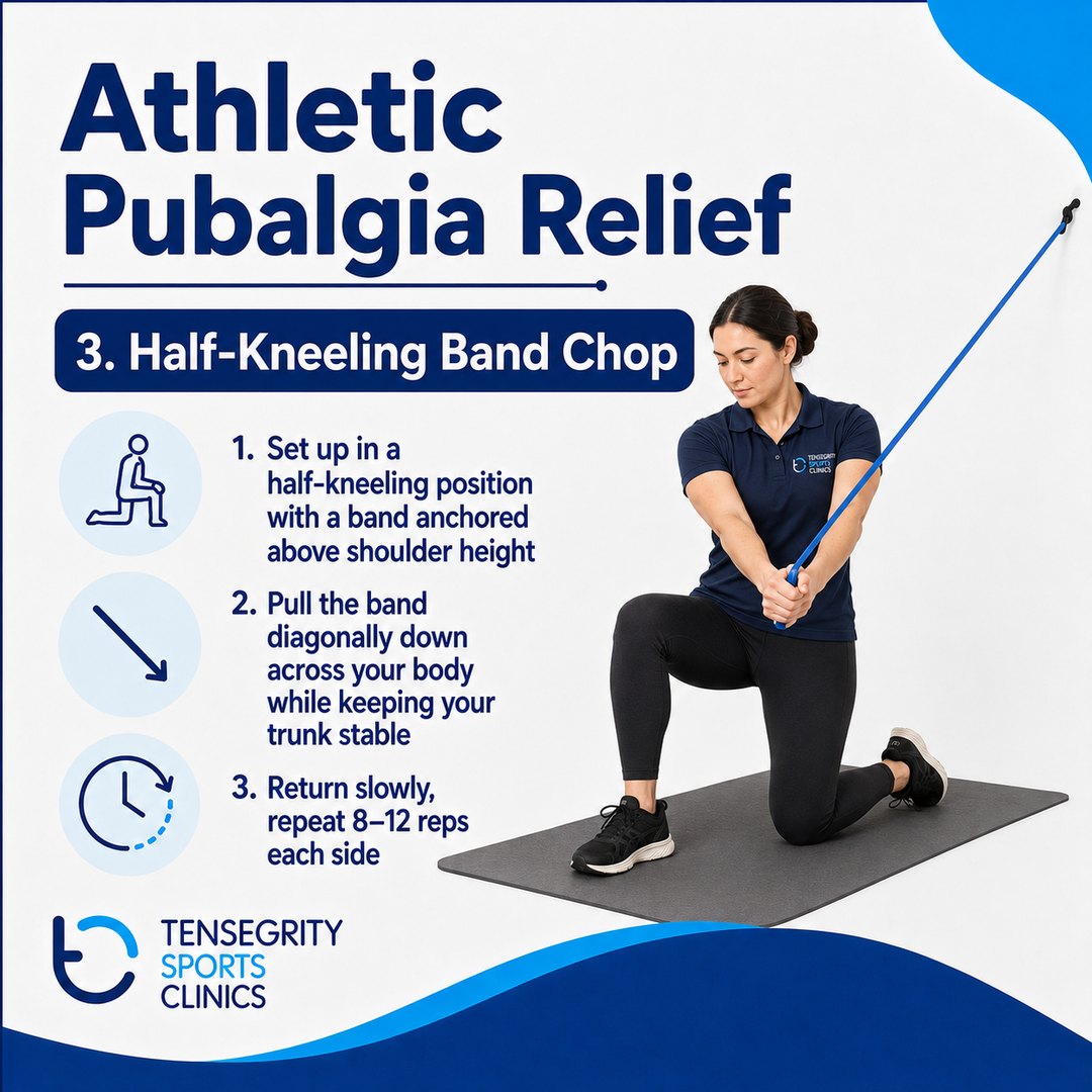 Half kneeling band chop, exercise 3 for athletic pubalgia