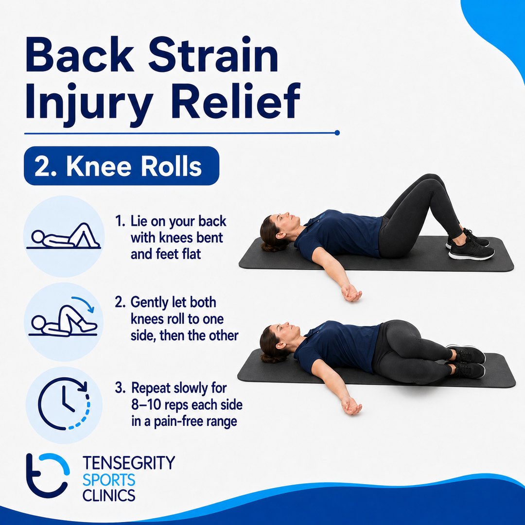 Knee rolls exercise for back strain, lying on the back with knees bent and rolling both knees gently to each side