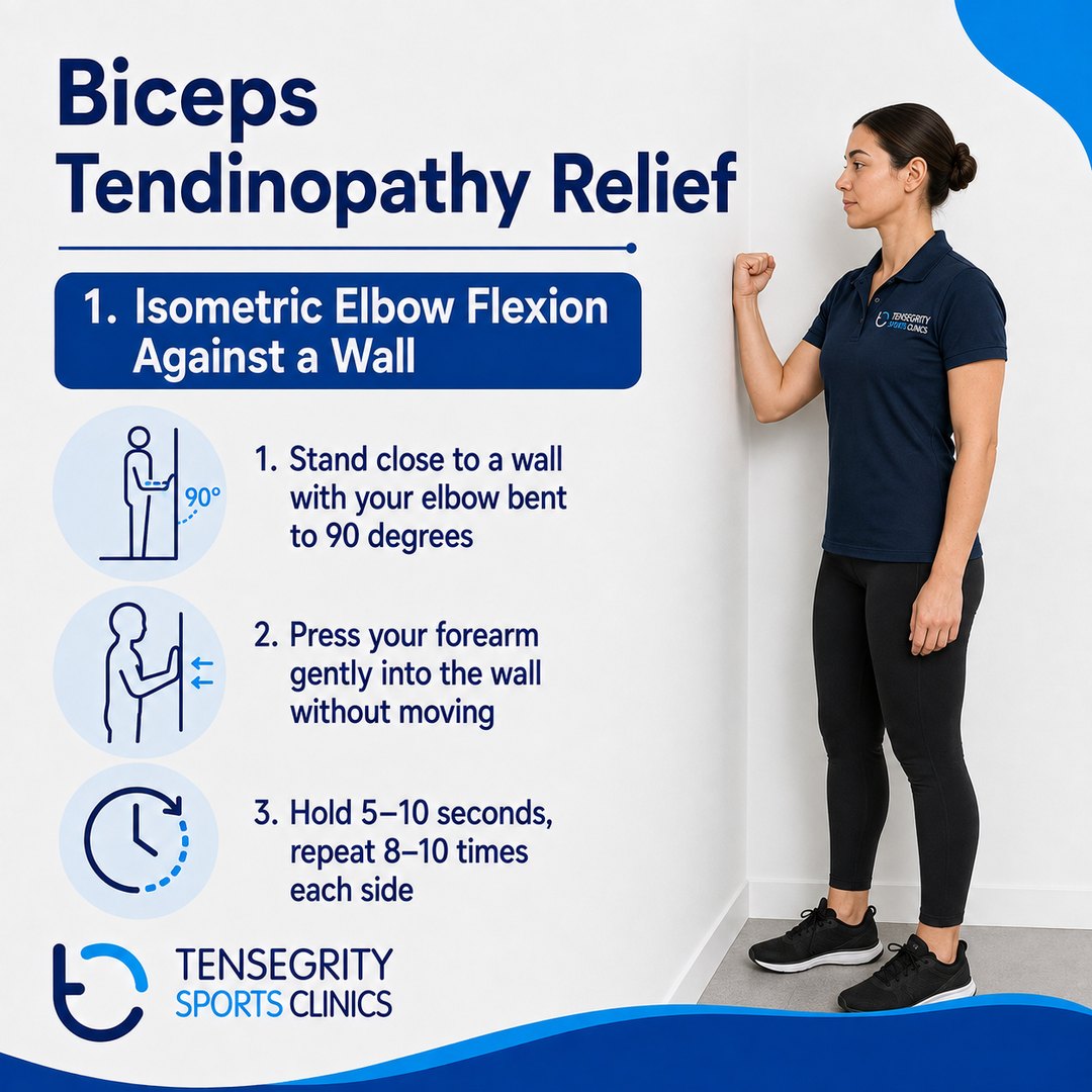 Isometric elbow flexion against a wall for biceps tendinopathy, elbow bent to 90 degrees pressing the forearm into the wall