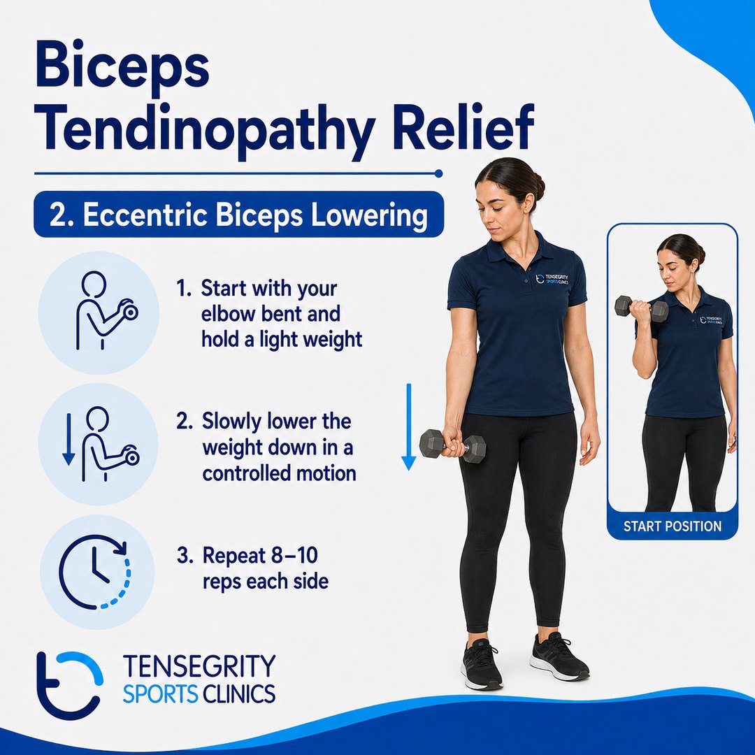 Eccentric biceps lowering for biceps tendinopathy, starting with the elbow bent holding a light weight and lowering slowly