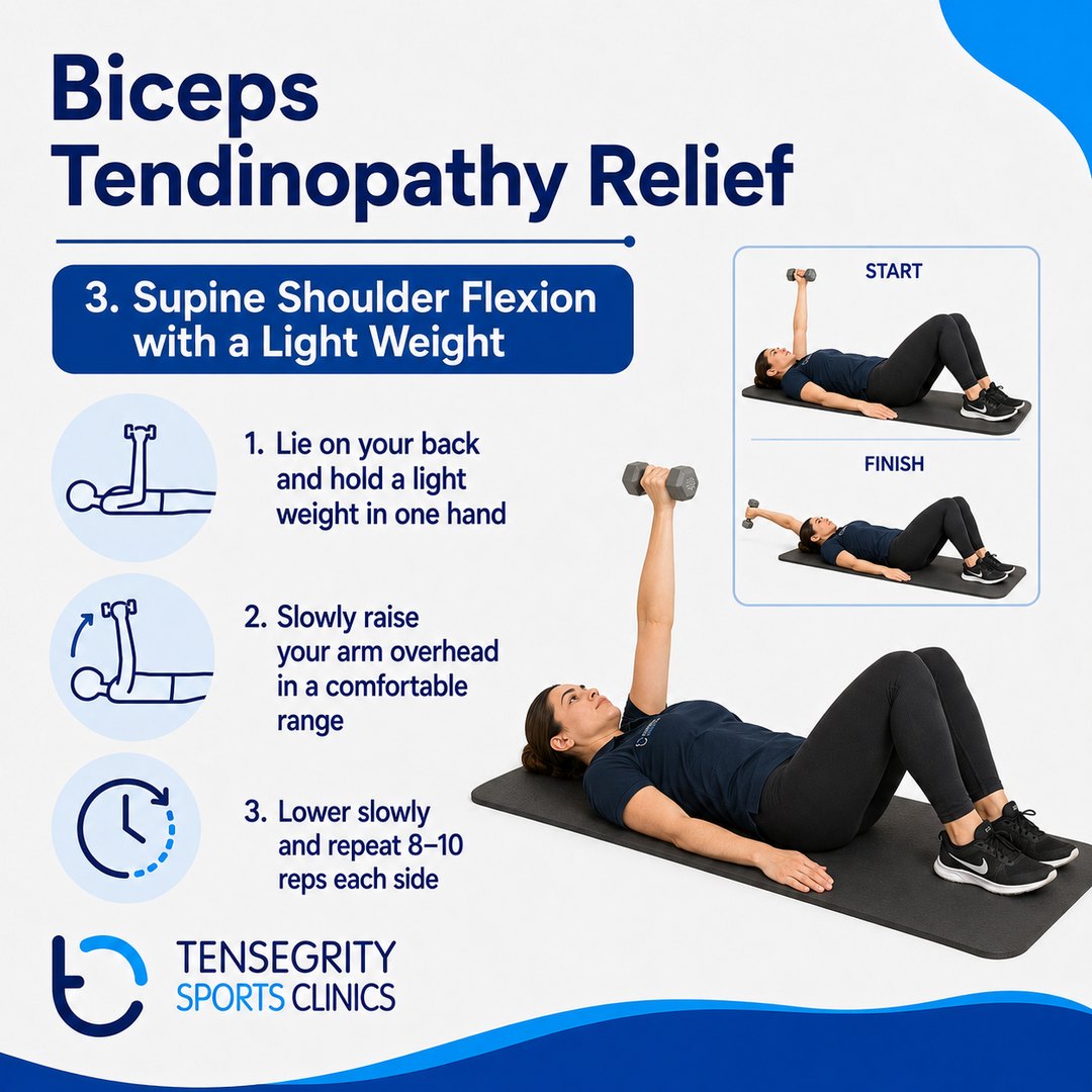 Supine shoulder flexion with a light weight for biceps tendinopathy, lying on the back raising the arm overhead in a comfortable range