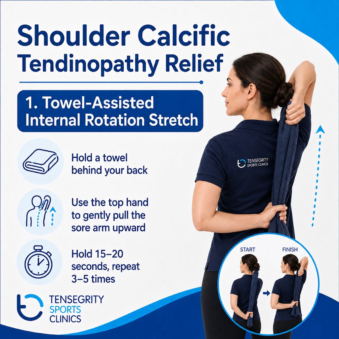 Towel-assisted internal rotation stretch for calcific tendinopathy, holding a towel behind the back and pulling the sore arm upward