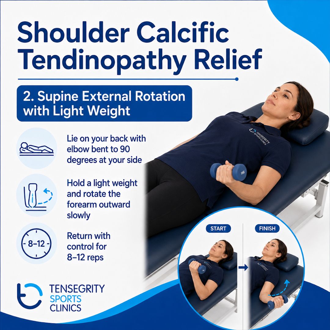 Supine external rotation with a light weight for calcific tendinopathy, lying on the back with the elbow bent to 90 degrees rotating the forearm outward