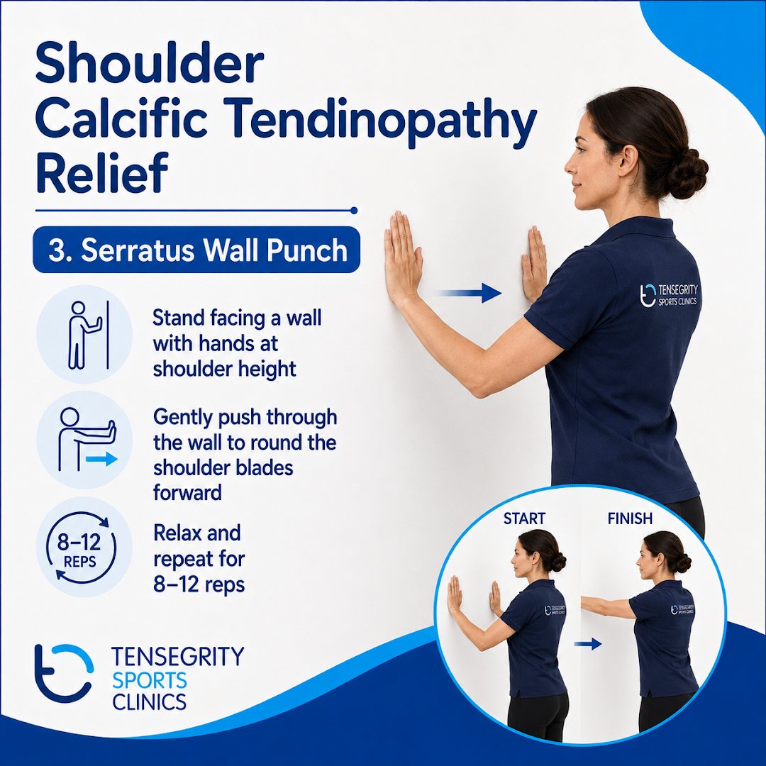 Serratus wall punch for calcific tendinopathy, facing a wall with hands at shoulder height pushing the shoulder blades forward