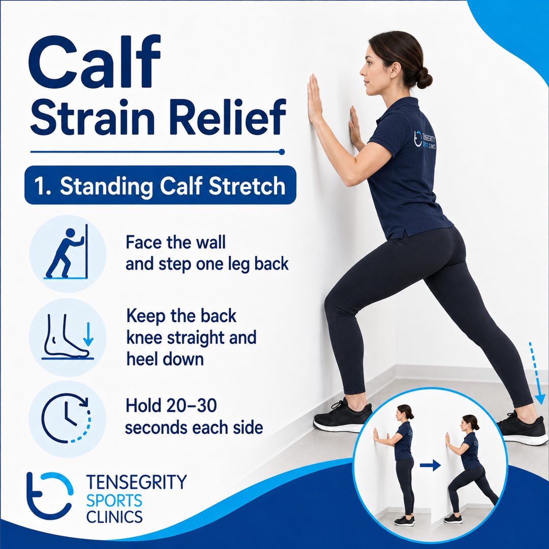 Calf strain exercise 1: standing calf stretch. Face the wall and step one leg back, keep the back knee straight and heel down, hold 20 to 30 seconds each side.