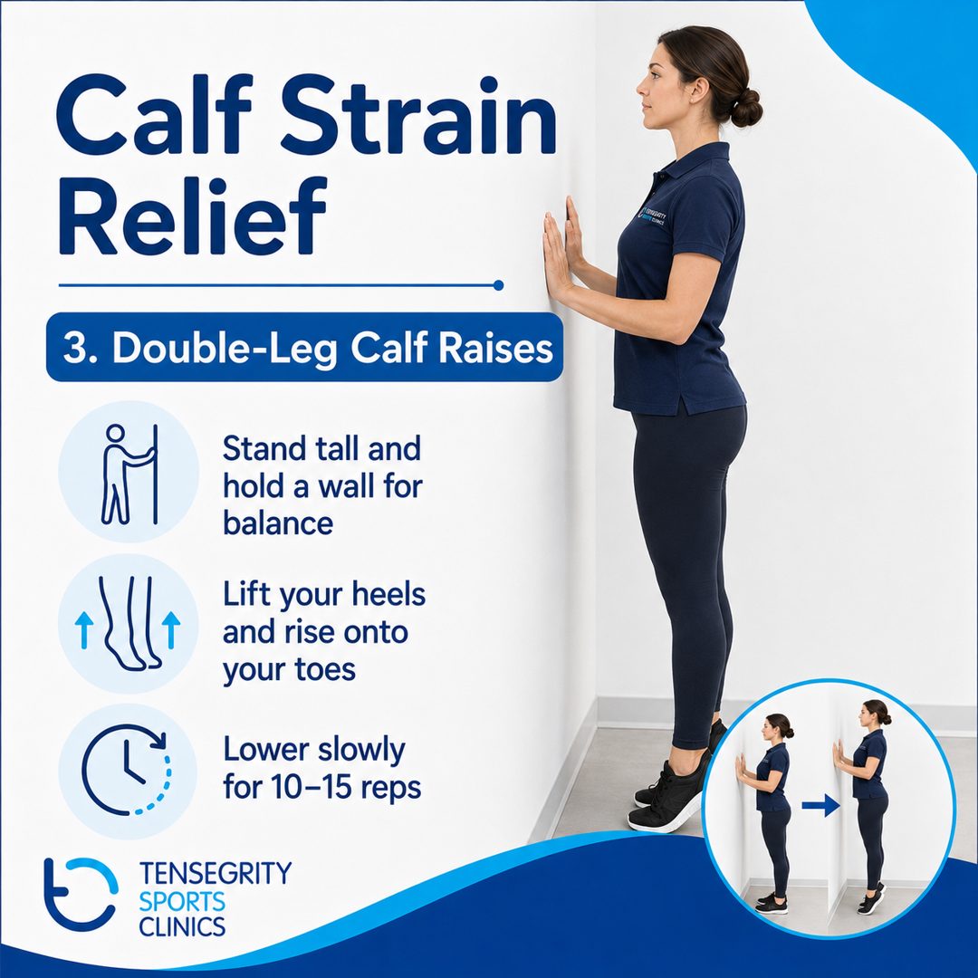 Calf strain exercise 3: double-leg calf raises. Stand tall and hold a wall for balance, lift your heels and rise onto your toes, lower slowly for 10 to 15 reps.