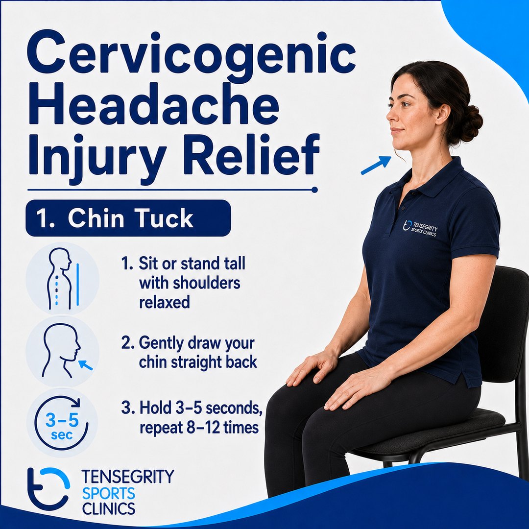 Chin tuck for cervicogenic headache, sitting or standing tall drawing the chin straight back
