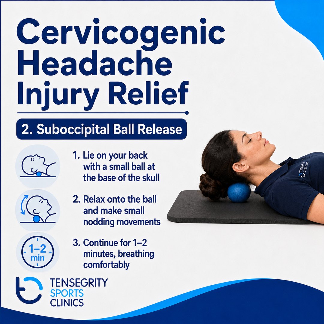 Suboccipital ball release for cervicogenic headache, lying on the back with a small ball at the base of the skull making small nodding movements
