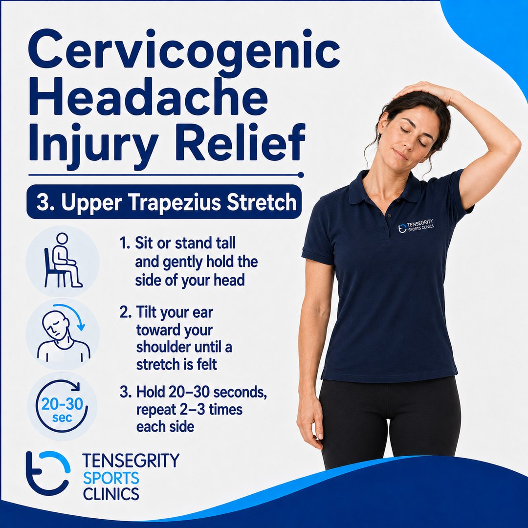 Upper trapezius stretch for cervicogenic headache, tilting the ear toward the shoulder until a stretch is felt