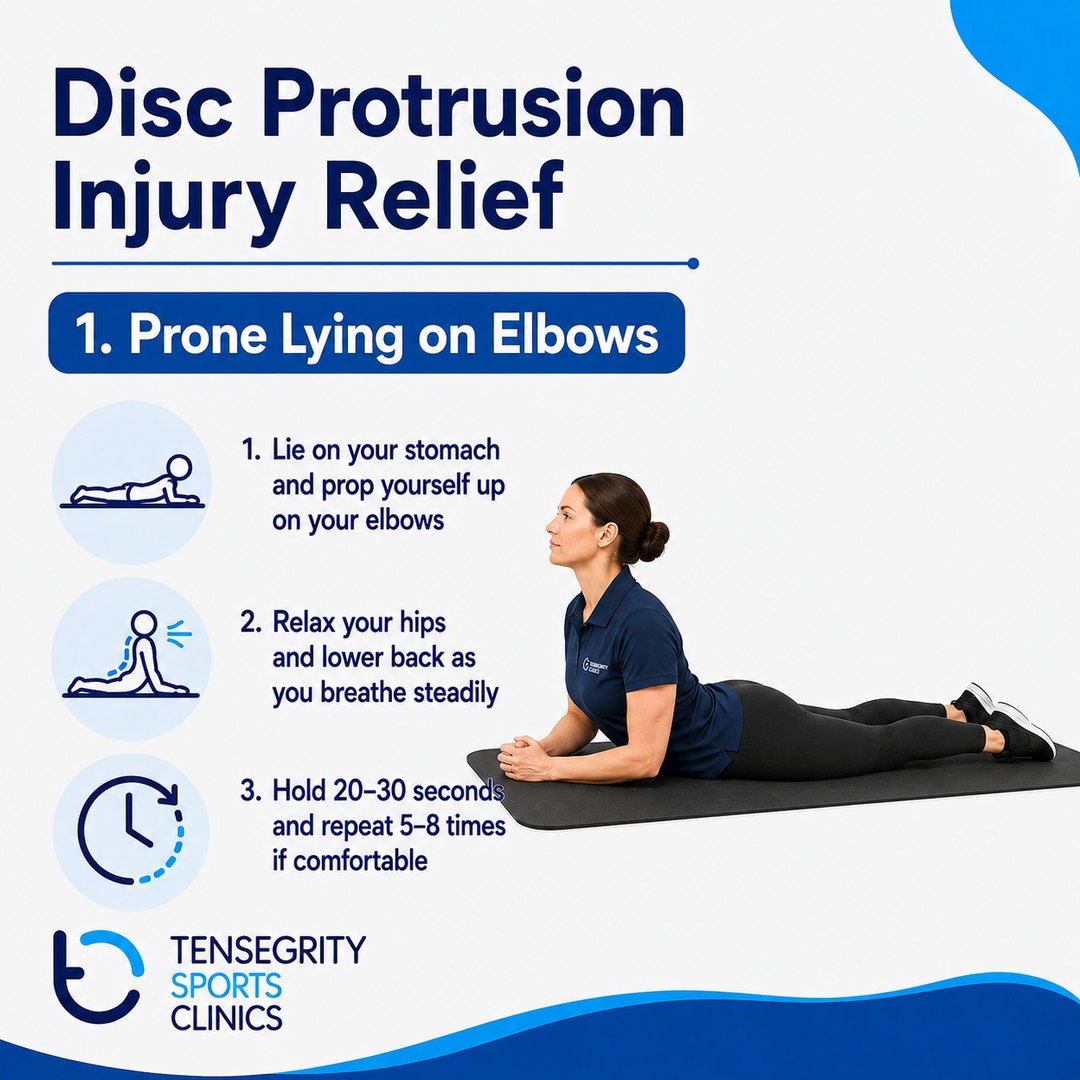 Prone lying on elbows for disc protrusion, lying face down propped on the elbows with the hips and lower back relaxed