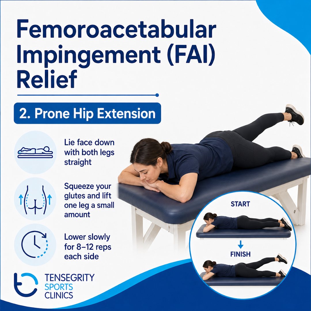 Prone hip extension for femoroacetabular impingement, lying face down and lifting one leg a small amount