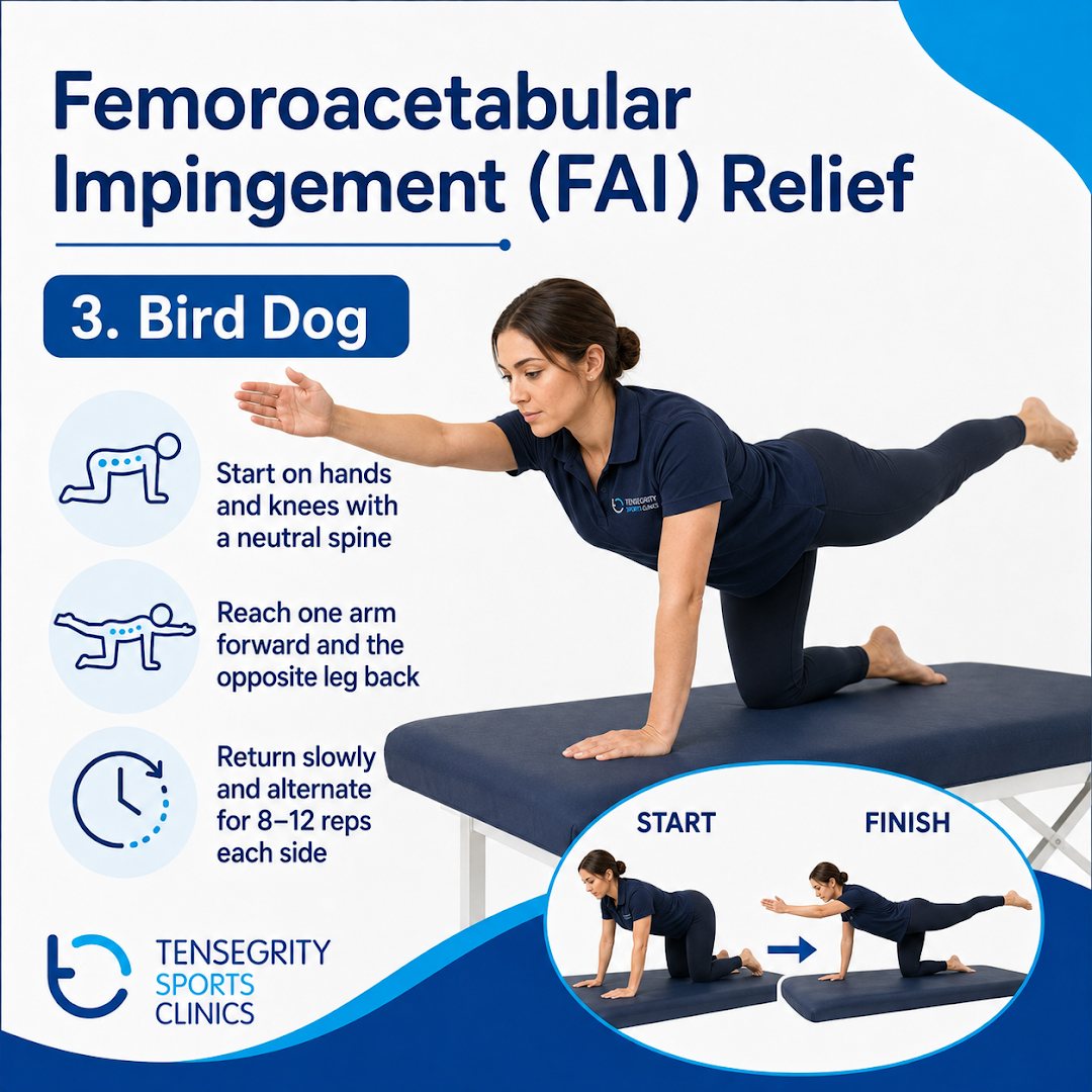 Bird dog exercise for femoroacetabular impingement, on hands and knees reaching one arm forward and the opposite leg back