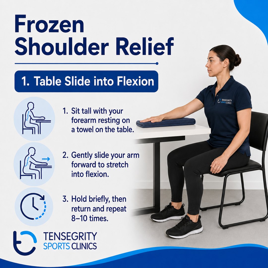 Table slide into flexion for frozen shoulder, sitting tall with the forearm on a towel sliding the arm forward on a table