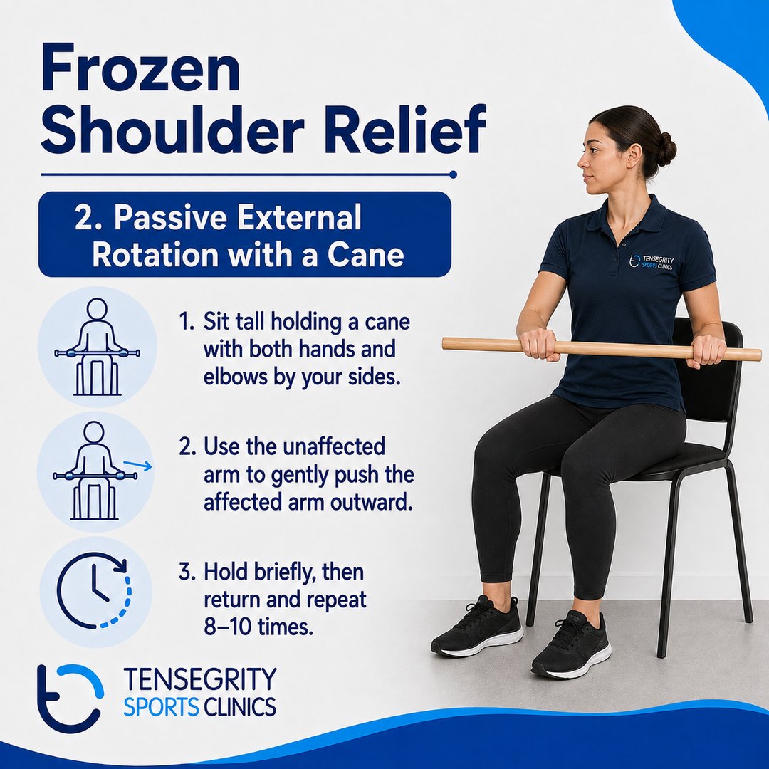 Passive external rotation with a cane for frozen shoulder, elbows by the sides using the unaffected arm to push the affected arm outward