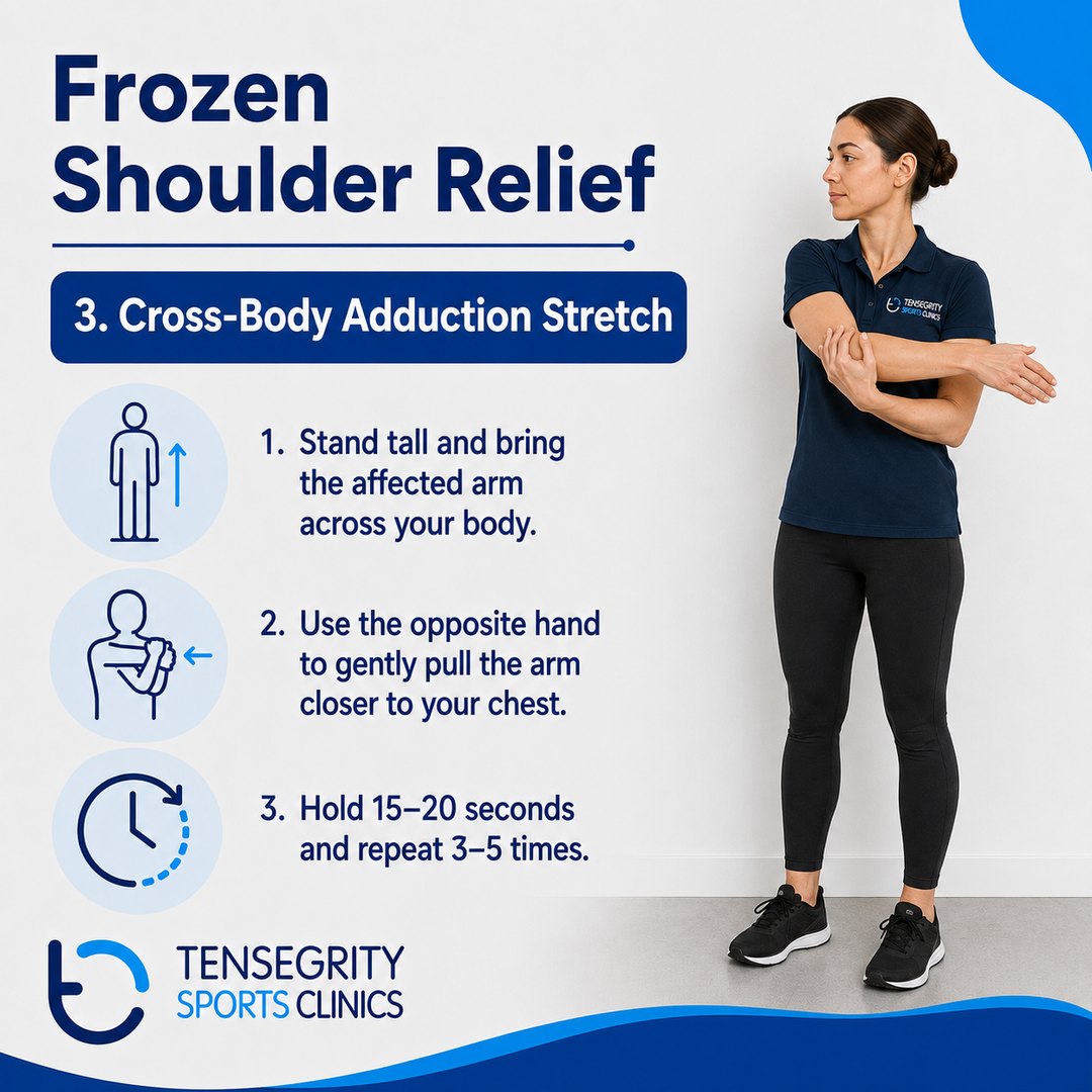 Cross-body adduction stretch for frozen shoulder, bringing the affected arm across the body and pulling it closer with the opposite hand