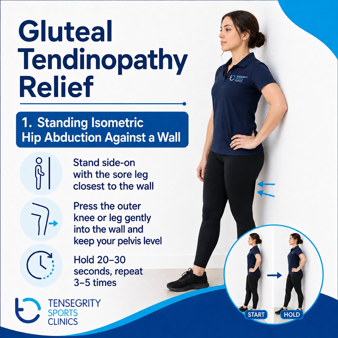 Standing isometric hip abduction against a wall for gluteal tendinopathy, pressing the outer leg into the wall with the pelvis level