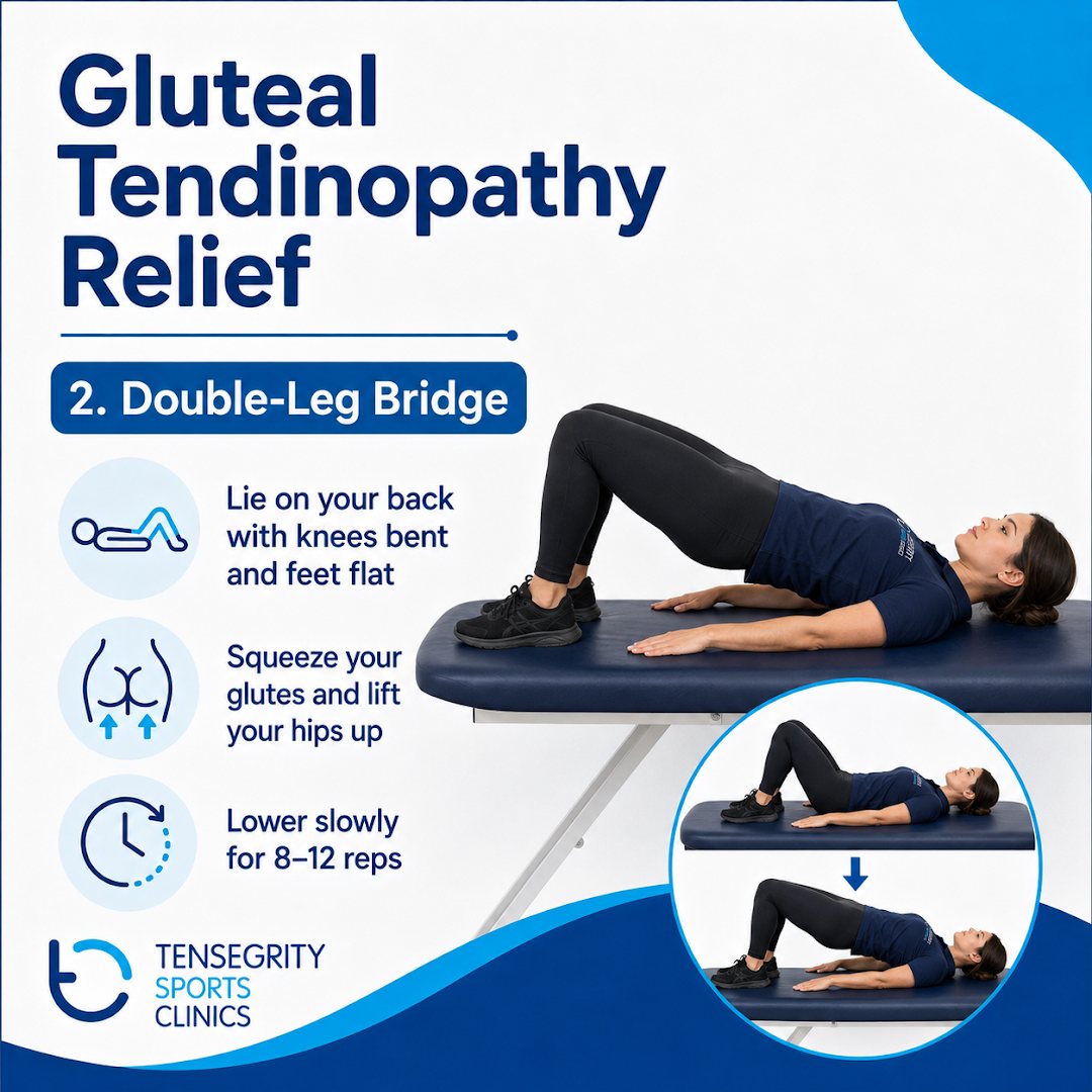 Double-leg bridge for gluteal tendinopathy, lying on the back with knees bent lifting the hips