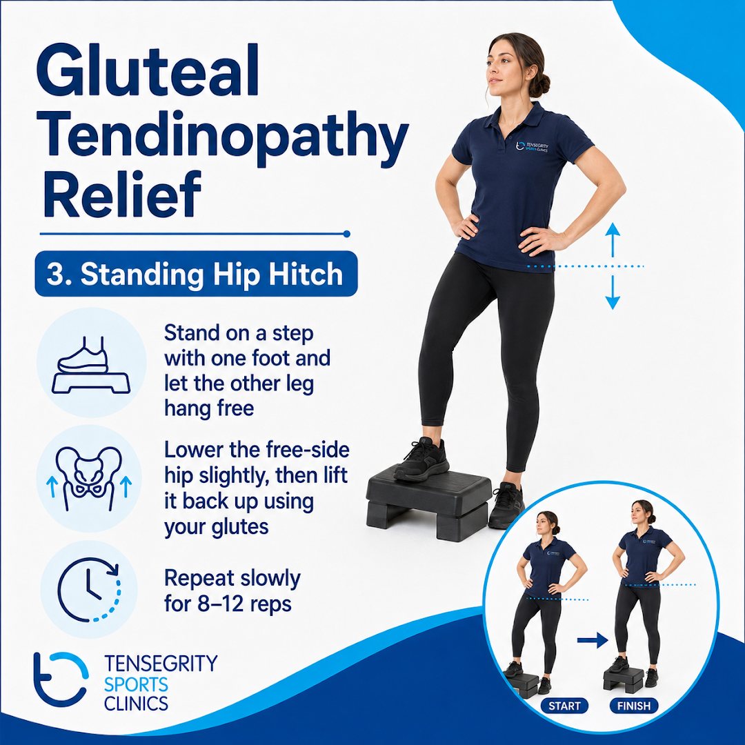 Standing hip hitch for gluteal tendinopathy, standing on a step and lowering then lifting the free-side hip