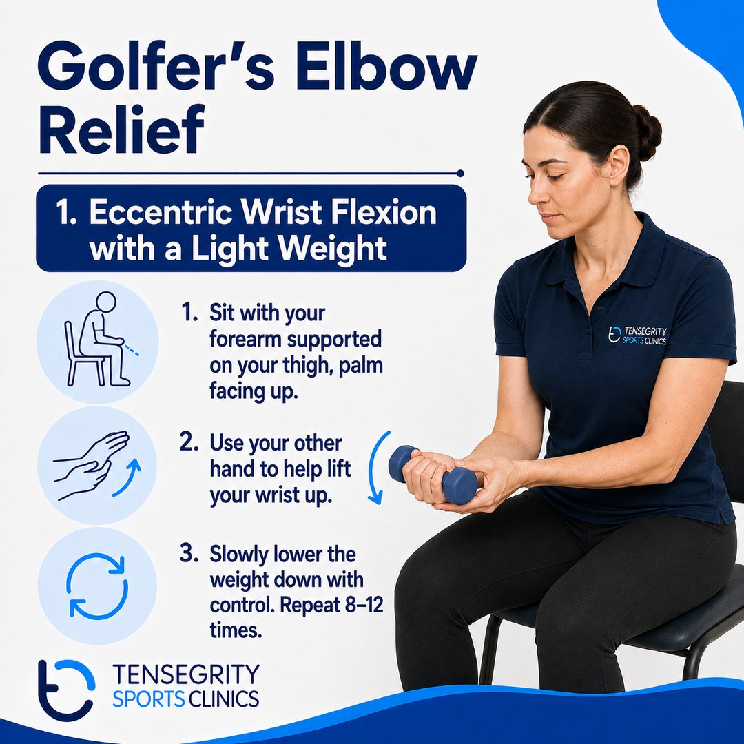 Eccentric wrist flexion with a light weight for golfer’s elbow, forearm supported on the thigh palm up, helping the wrist up then lowering the weight slowly