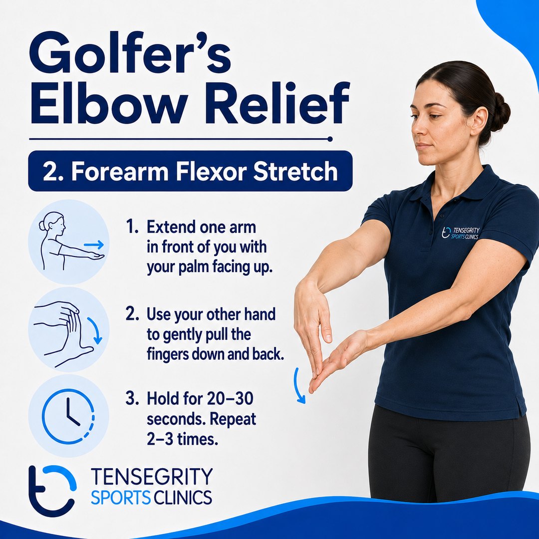 Forearm flexor stretch for golfer’s elbow, arm extended in front with the palm facing up and the other hand pulling the fingers down and back