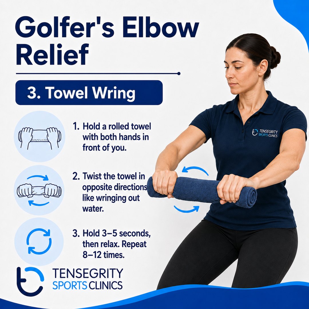 Towel wring exercise for golfer’s elbow, holding a rolled towel with both hands and twisting it in opposite directions