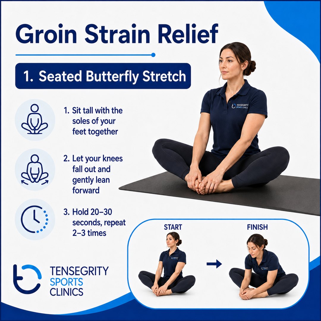 Seated butterfly stretch, exercise 1 for a groin strain