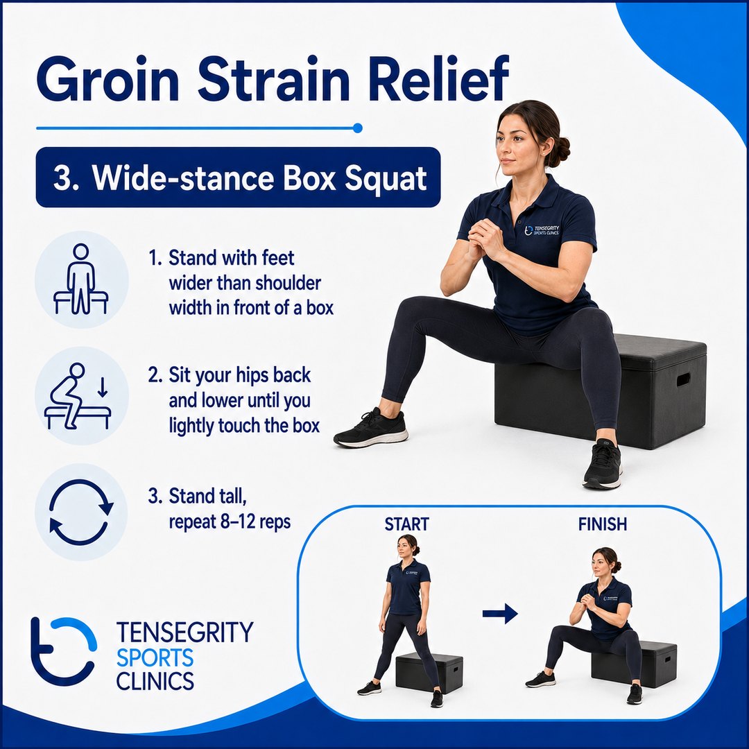Wide stance box squat, exercise 3 for a groin strain