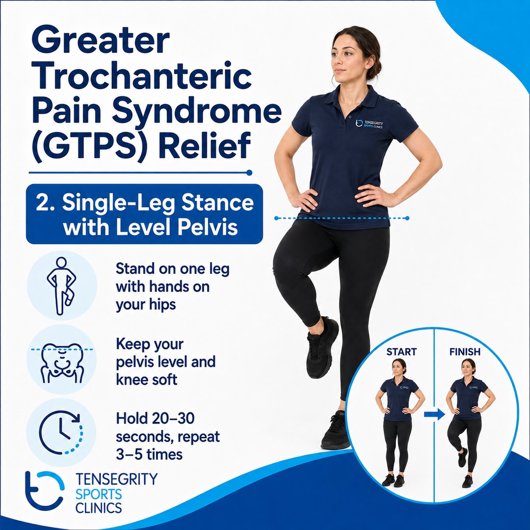 Single leg stance with level pelvis, exercise 2 for greater trochanteric pain syndrome