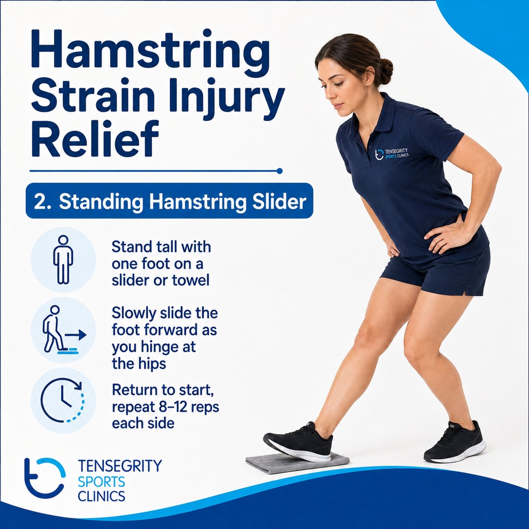 Standing hamstring slider, exercise 2 for a hamstring strain