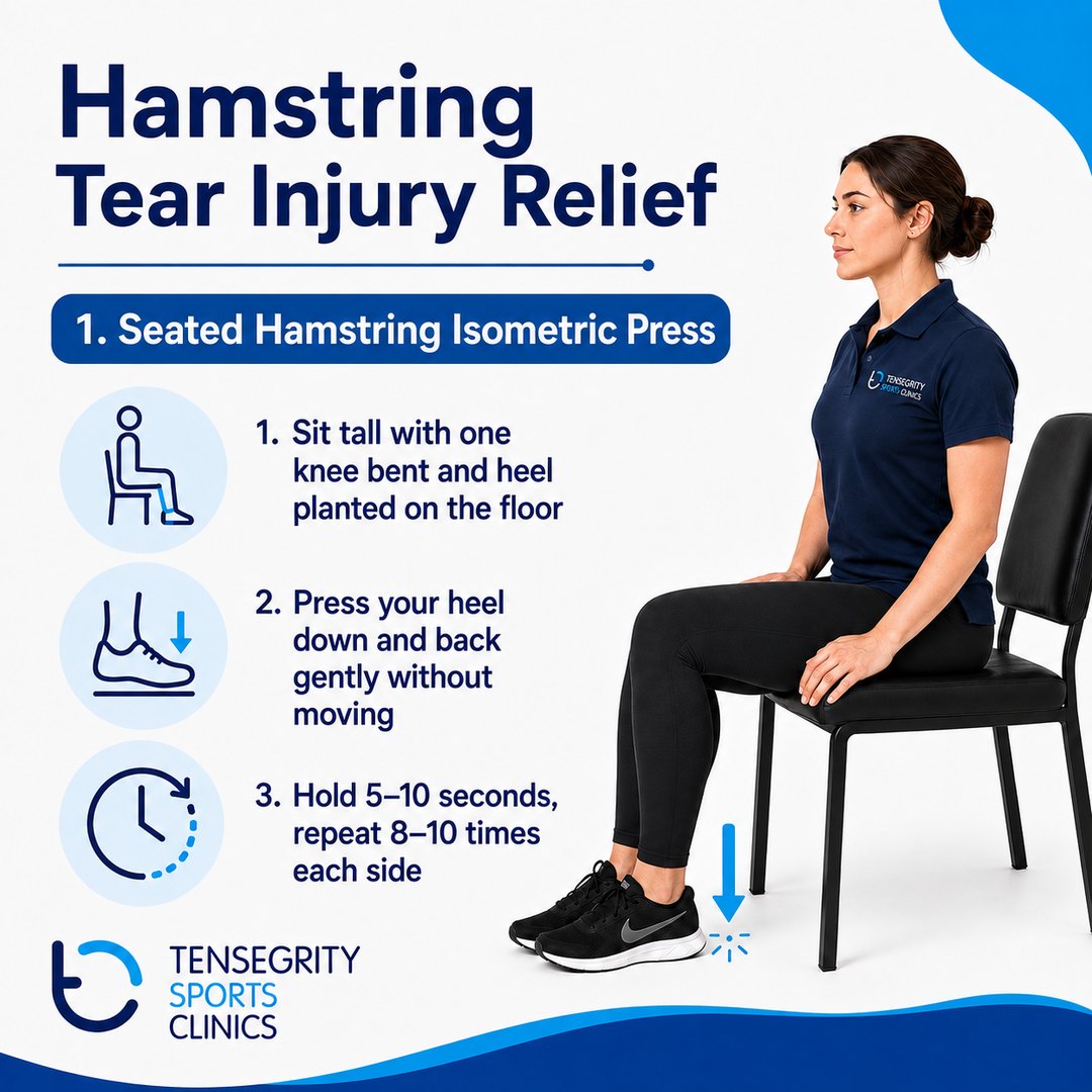 Seated isometric press, exercise 1 for a hamstring tear