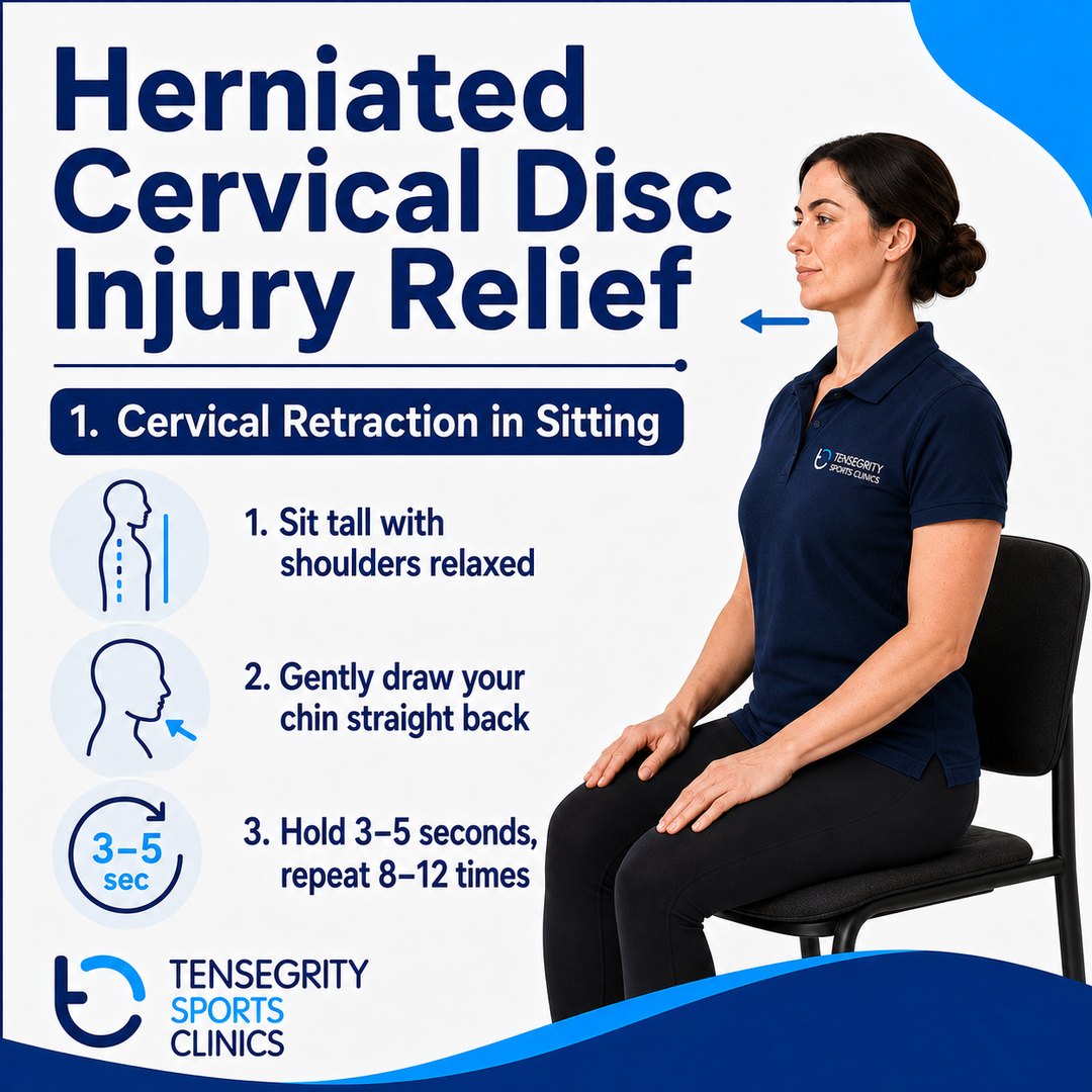 Cervical retraction in sitting for a herniated cervical disc, sitting tall drawing the chin straight back