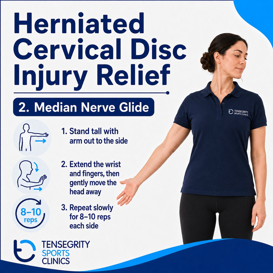 Median nerve glide for a herniated cervical disc, arm out to the side extending the wrist and fingers while moving the head away