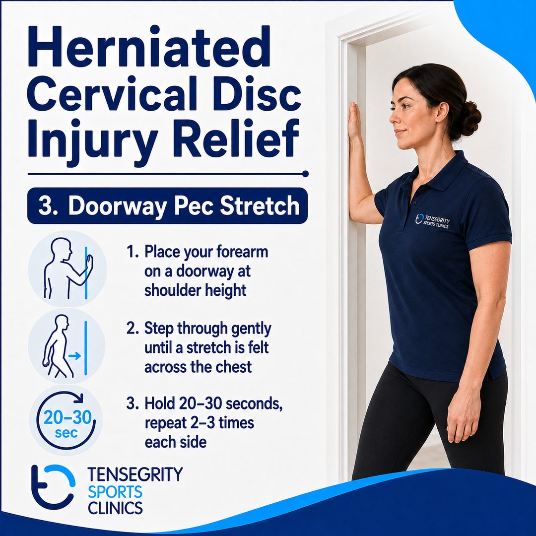 Doorway pec stretch for a herniated cervical disc, forearm on a doorway at shoulder height stepping through until a stretch is felt