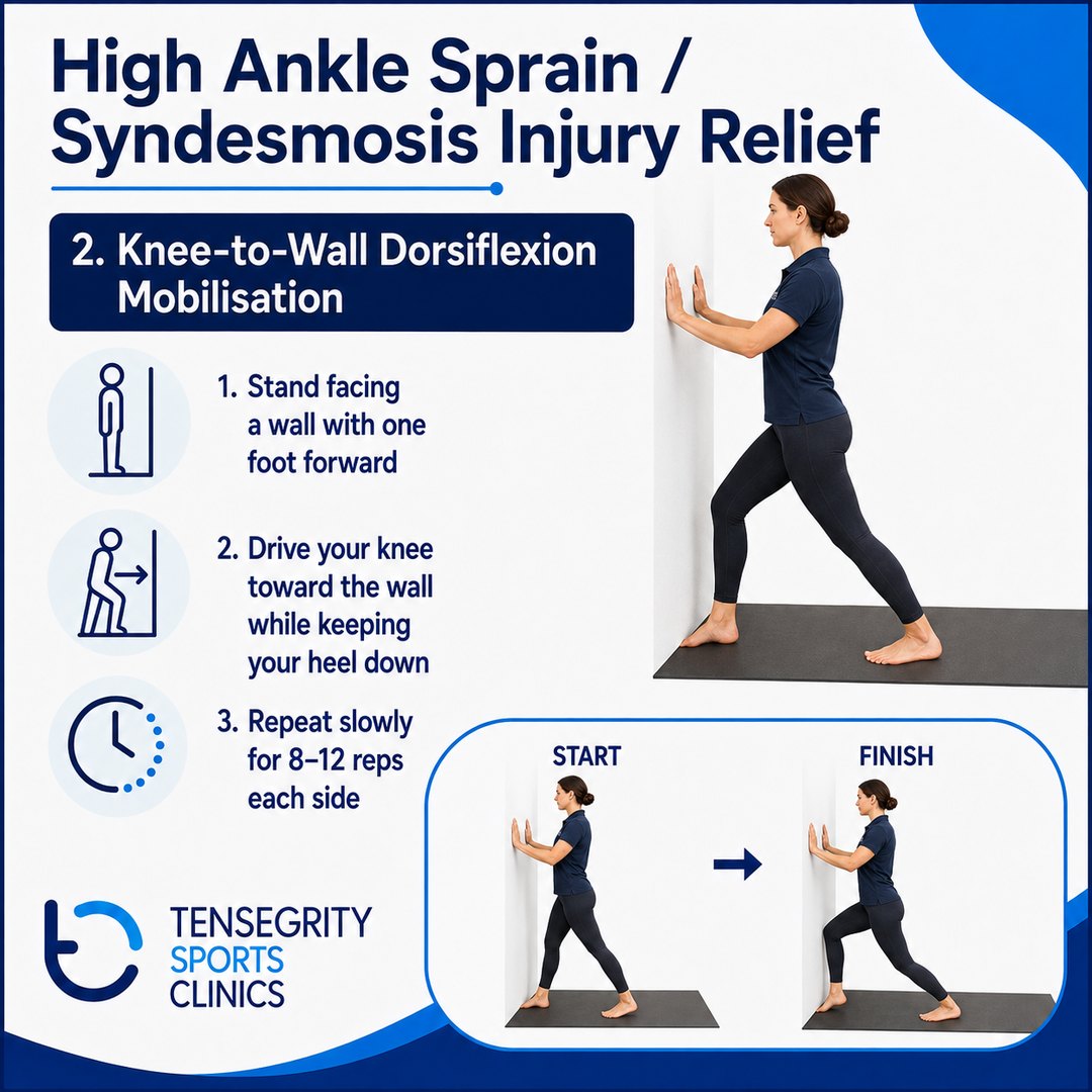 Knee to wall dorsiflexion, exercise 2 for a high ankle sprain