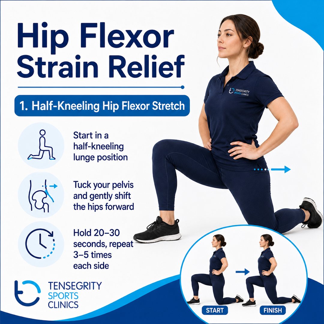 Half-kneeling hip flexor stretch, kneeling in a lunge position with the pelvis tucked and weight shifted forwards