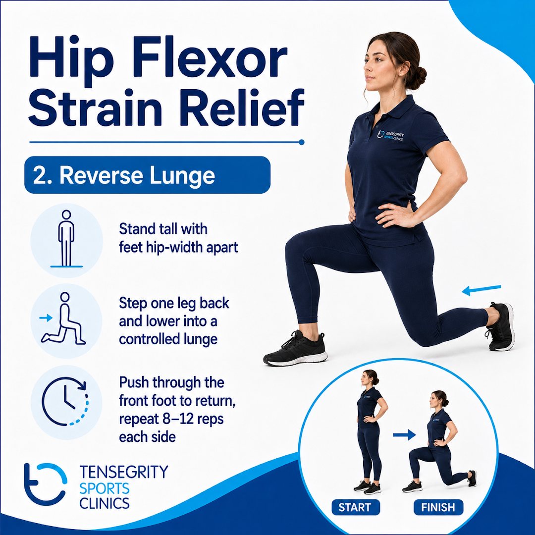 Reverse lunge for a hip flexor strain, stepping one leg back and lowering into a controlled lunge