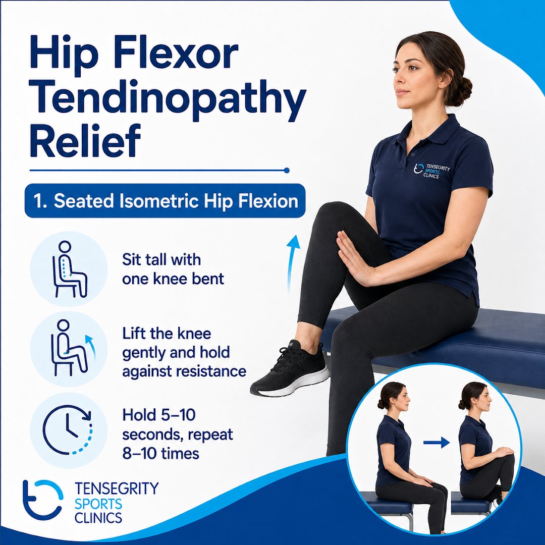 Seated isometric hip flexion for hip flexor tendinopathy, sitting tall and lifting the knee against resistance