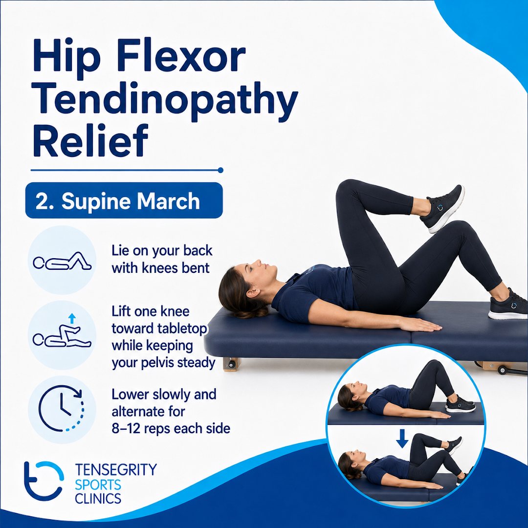 Supine march for hip flexor tendinopathy, lying on the back lifting one knee towards tabletop with a steady pelvis