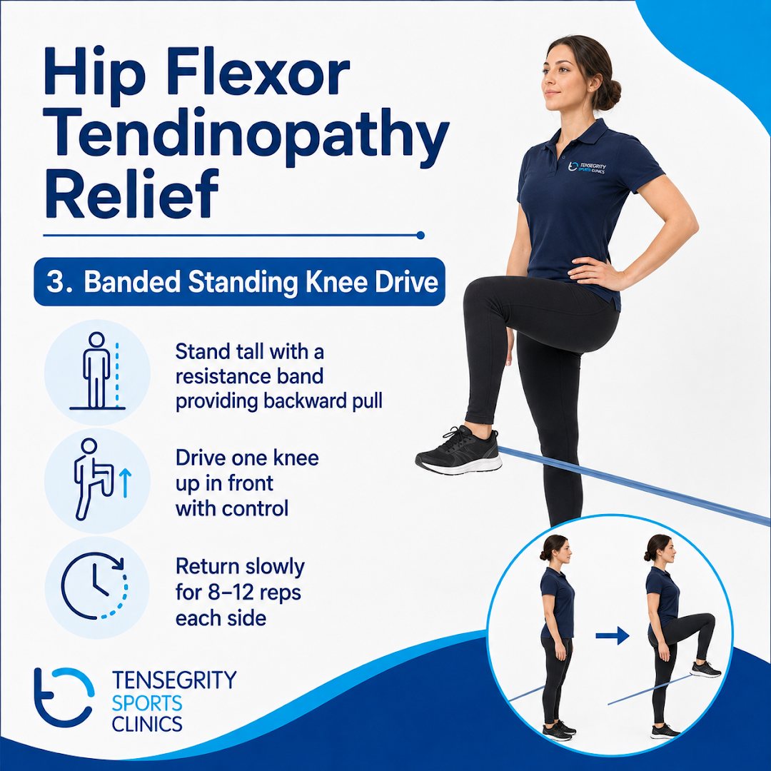 Banded standing knee drive for hip flexor tendinopathy, driving the knee up against a resistance band