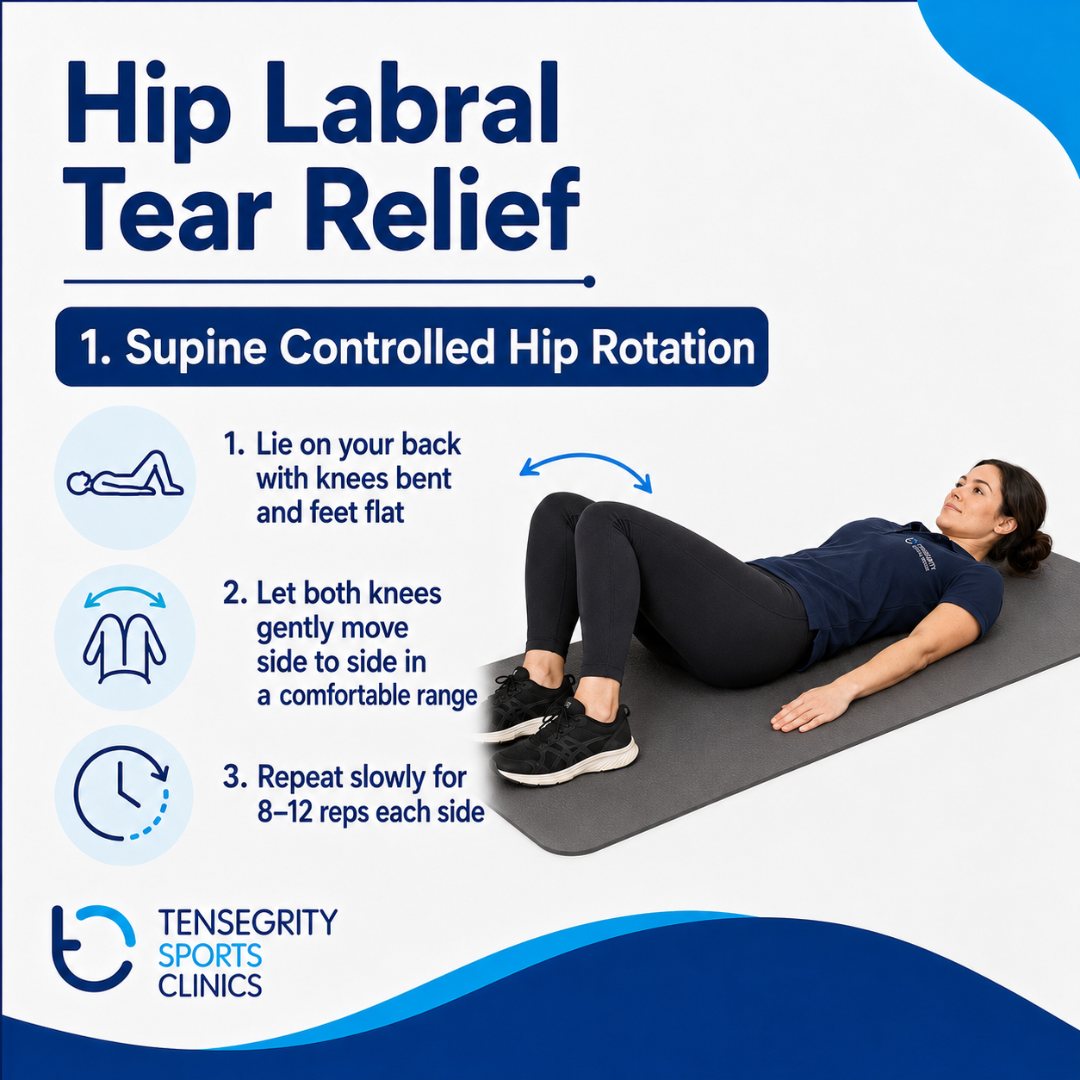 Supine controlled hip rotation exercise for a hip labral tear