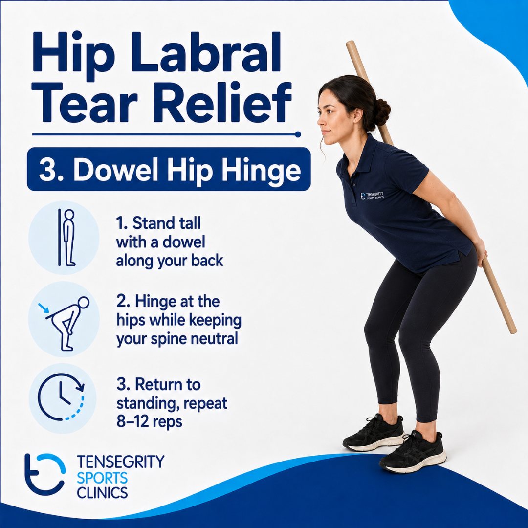 Dowel hip hinge exercise for a hip labral tear